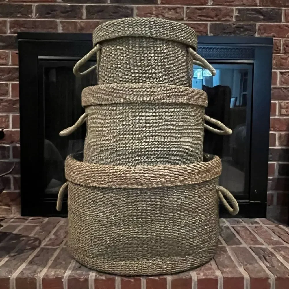 NEW Pottery Barn Round Woven Floor Nesting Storage Baskets Raffia Wicker LG Set